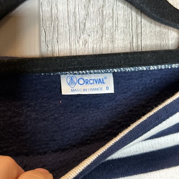 Orcival Fleece Top Sweatshirt Navy and White Stripes Nautical Long Sleeve Size 0 - Picture 2 of 6